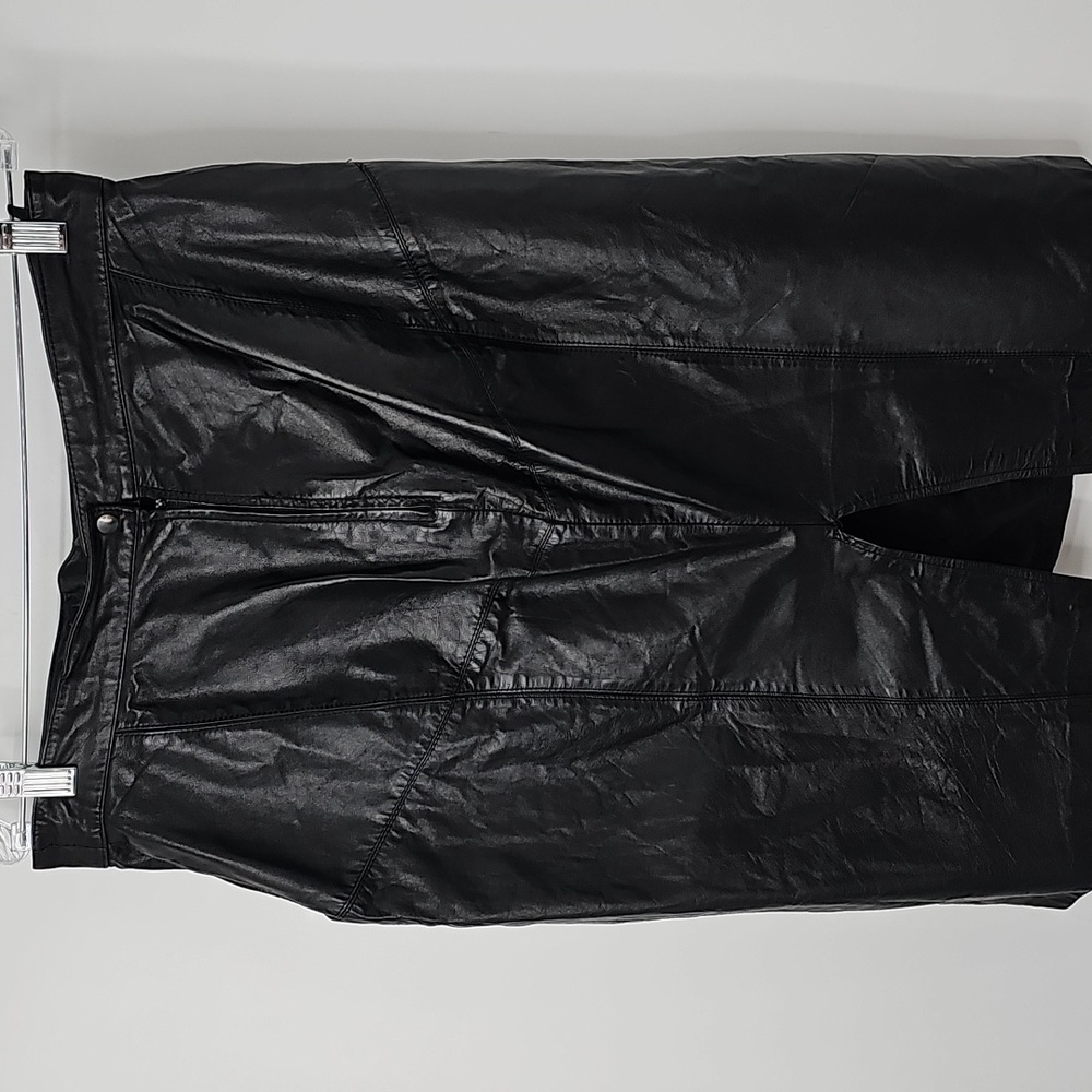 VTG Toffs Genuine Leather Black Midi Skirt w Deep Front Pockets & Back Slit Goth - Picture 7 of 9